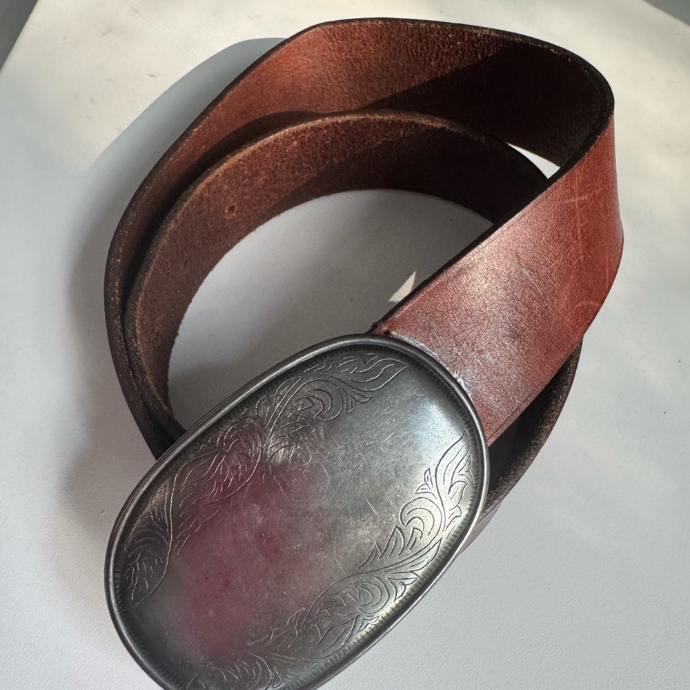 Abercrombie and Fitch Western Tooled Leather Belt Brown Chunky Silver Buckle - Picture 5 of 10